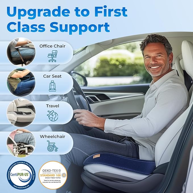 TOP COMFORT Seat Cushion, BodySync™ Technology with Non-Slip Gel & Memory Foam for Tailbone, Sciatica & Back Pain Relief, Office Chair Cushion, Car Seat Cushions for Driving (Dark Grey Blue)
