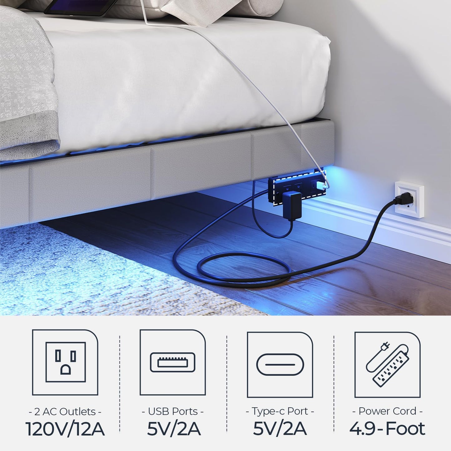 HOOBRO King Size Floating Bed Frame with LED Lights and Charging Station, Upholstered Platform Bed Frame King Size, Modern Metal Floating Bed Frame King, No Box Springs Needed, Grey