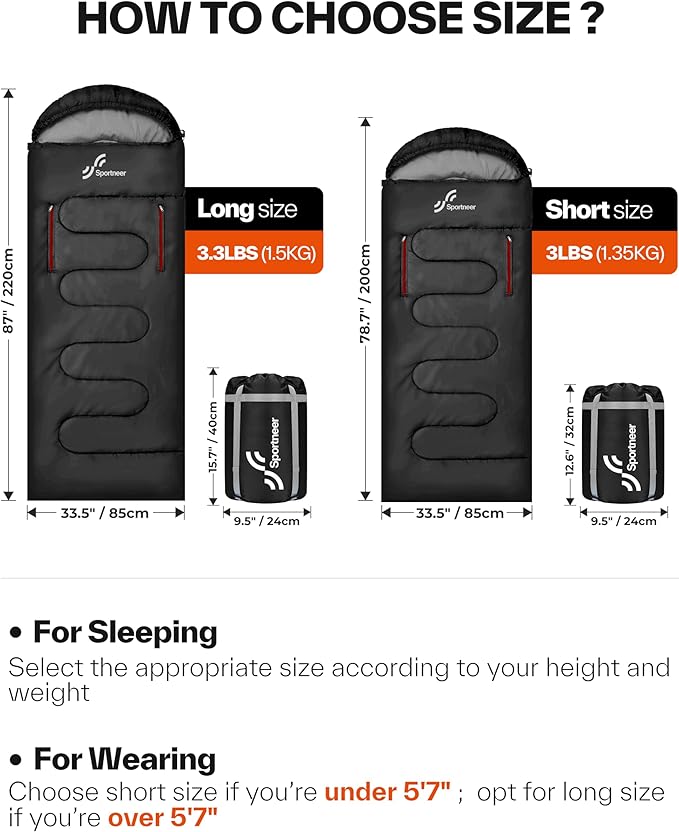Sportneer 0 Degree Wearable Sleeping Bag for Adults & Kids – Walkable with Arm Zippers, Waterproof & Warm, Compact for Camping, Stadiums, Travel, Backpacking & Car Use