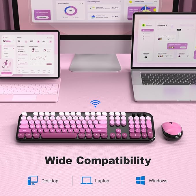 Wireless Keyboard and Mouse Combo, MOWUX Colorful Computer Full Size 2.4G Plug and Play Wireless Typewriter Keyboard and Mouse Set for Computer, Desktop, PC (Black Pink Gradient)