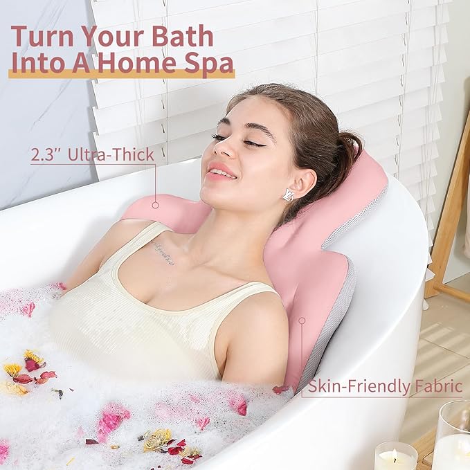 Luxury Bath Cushion, Full Body Bathtub Pillow with 160 Suction Cups, Bath Mat for Head and Neck Support, with Laundry Bag (Light Pink, 51.2" x 16.2")