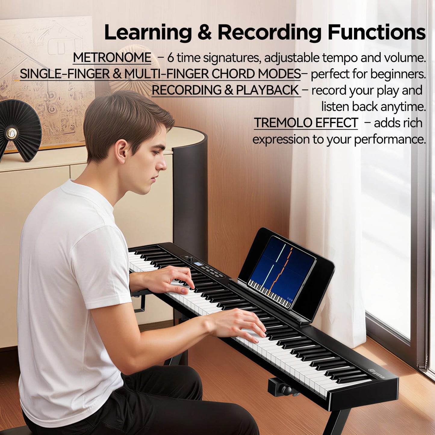 Rhymo 88 Key Portable Piano Keyboard, Semi-Weighted Folding Piano Full Size, Ultra Sound Upgrand Imitation Wood Texture Keyboard w/MIDI Bluetooth LCD Display Screen, Sustain Pedal for Beginners Adult