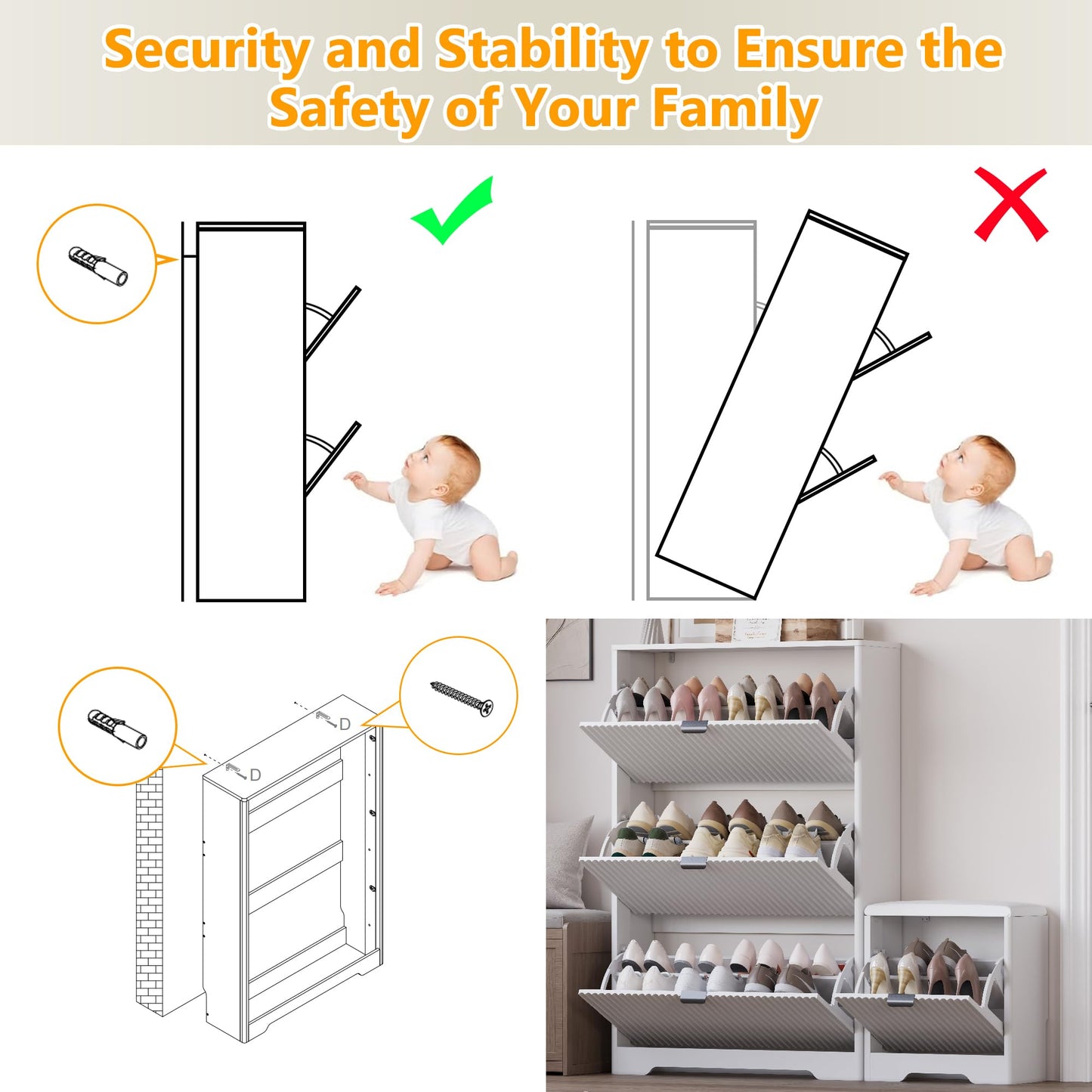 BORNOON Slim Shoe Cabinet with Bench for Entryway, Hidden Storage and Adjustable Shelves, Free Standing Wooden Shoes Organizer for Foyer, Hallway