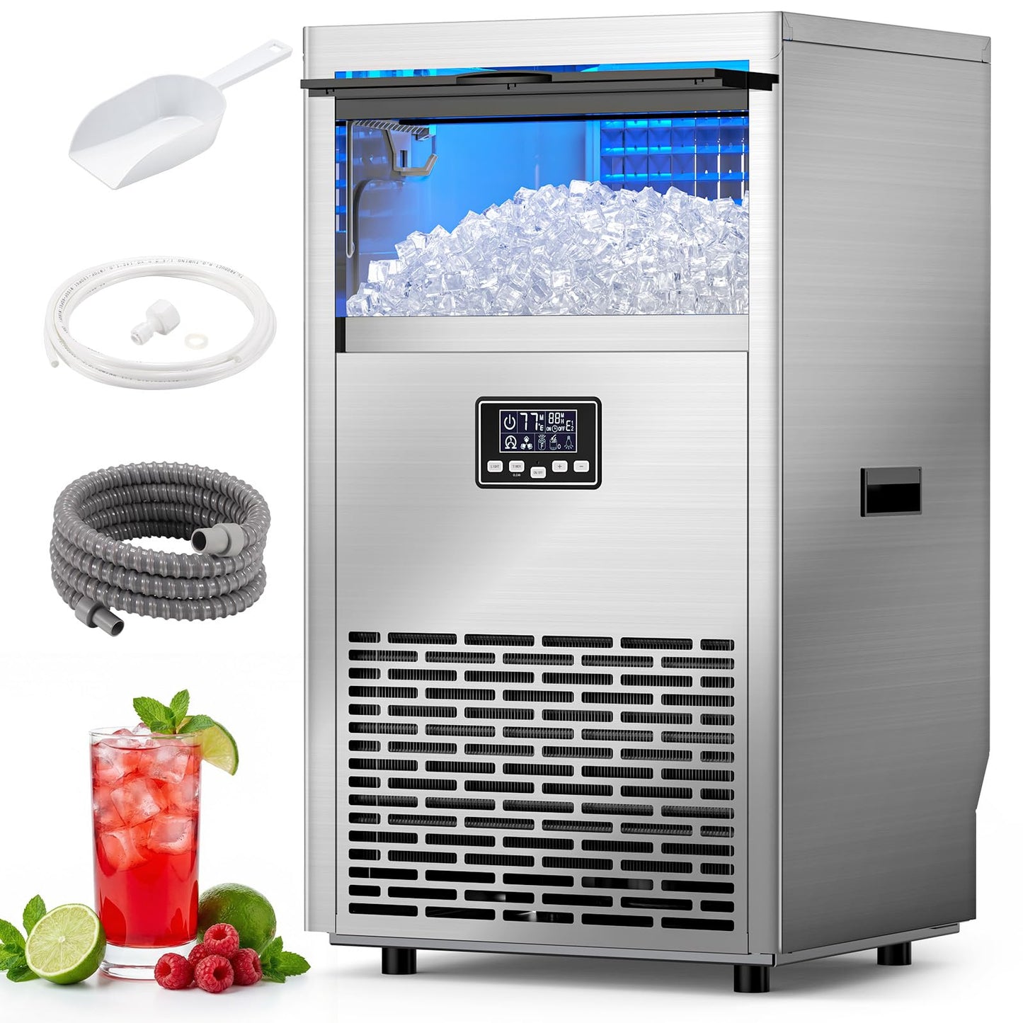 Electactic Commercial Ice Maker Machine,100lbs/24H Stainless Steel Ice Machine,29lbs Storage, Auto Self-Cleaning Freestanding Ice Maker, Ice Machine Freestanding for Bar/Cafe/Restaurant-Silver