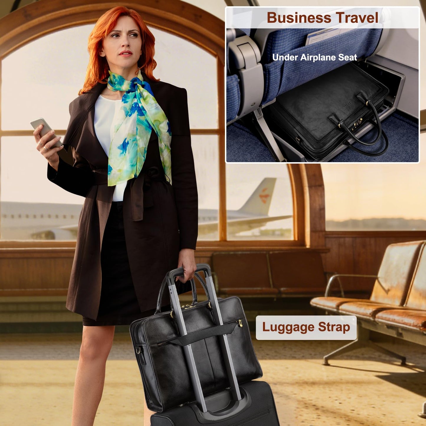 Premium Italian Full Grain Leather Briefcase for Women 15.6 Inch Laptop Bag Office Work Business Travel with Luggage Strap and Detachable Shoulder Strap Black
