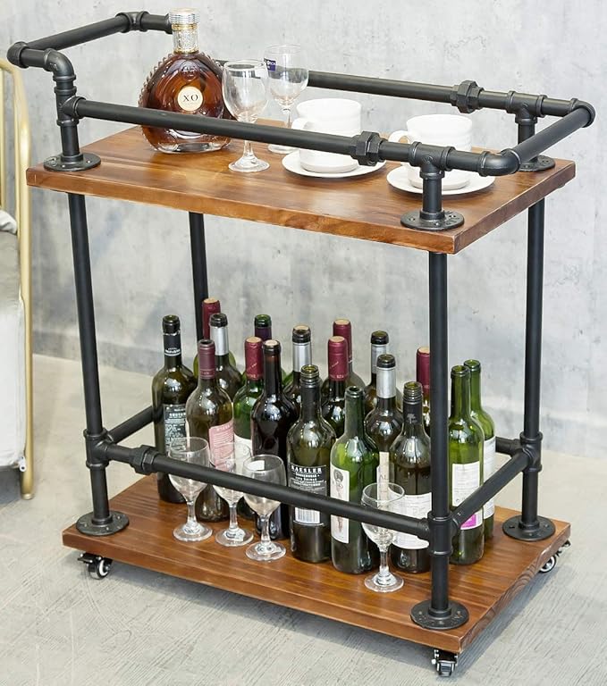 DOFURNILIM Industrial Pipe Bar Carts/Serving Carts/Kitchen Carts/Wine Rack Carts on Wheels with Shelves - Wood Rolling Carts - Wine Tea Liquor Shelves/Holder - Home Furniture