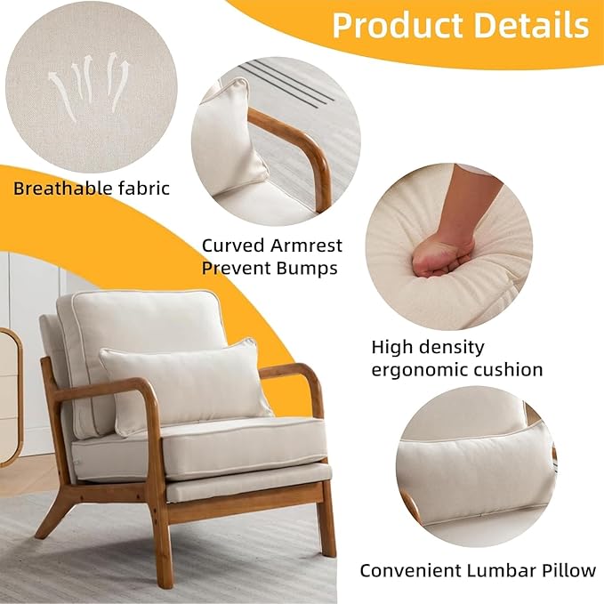 SEYNAR Mid-Century Accent Chair,Linen Fabric Lounge Chair with Wide Armrest,13-16.5'' Low Seat Height Armchair with Lumbar Pillow & Solid Wood Frame for Living Room, Bedroom, Balcony(Beige)