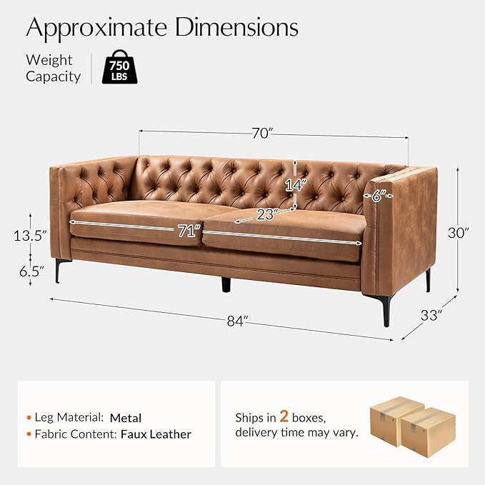 HULALA HOME 84" W Faux Leather Sofa Couch with Metal Legs, Button-Tufted 3-Seater Sofa, Mid Century Modern Upholstered Couch for Living Room, Entertainment Area, Apartment,Camel