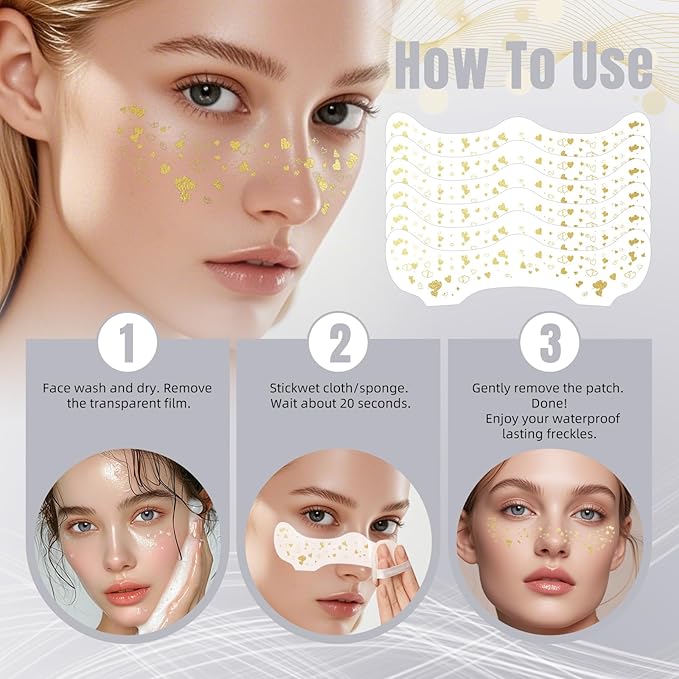 Glitter Freckles - 6PCS Fake Freckles, Gold Makeup Patches, Waterproof Glitter Freckles Face Tattoo, Cute Face Glitter, Shiny Face Jewels for Women, Party Makeup Accessory Face Glitter for Kids
