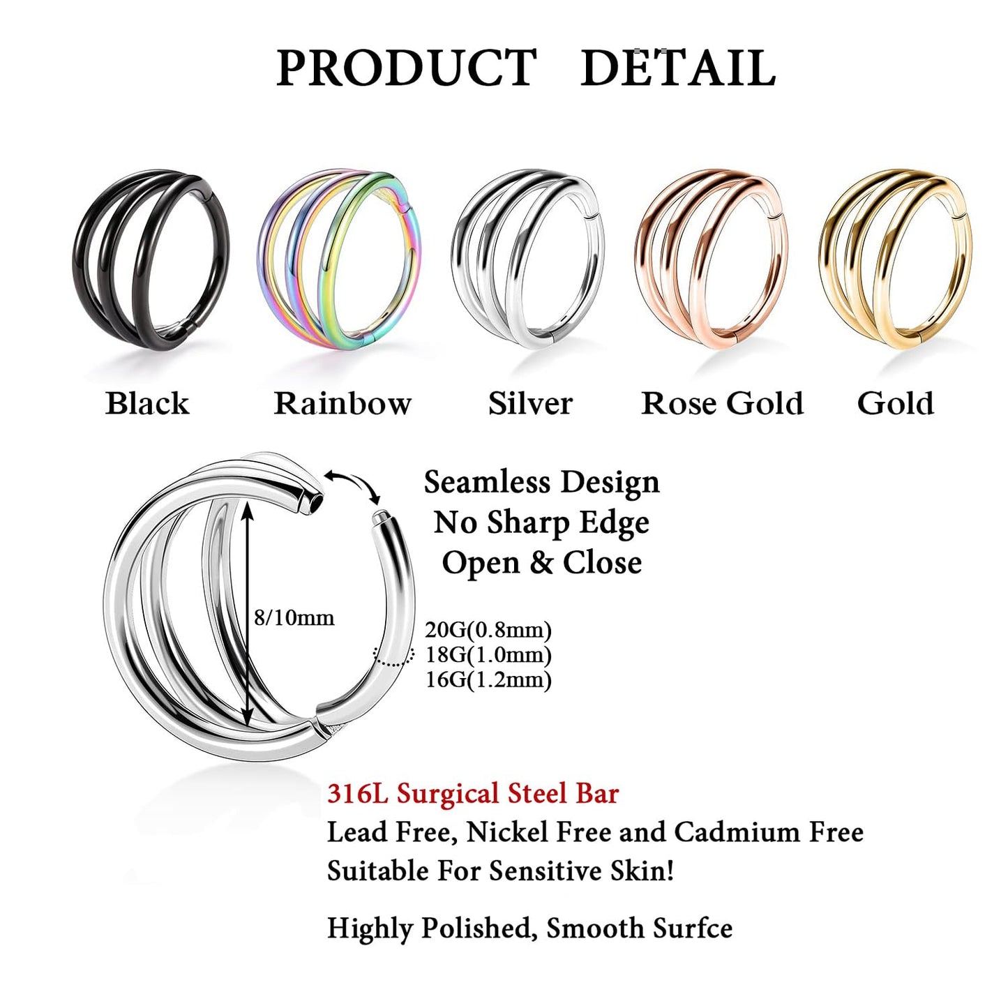FUNLMO Triple Hoop Nose Ring 18G Septum Tragus Helix Conch Rook Daith Piercing Jewelry Cartilage Earring 316L Surgical Steel Lip