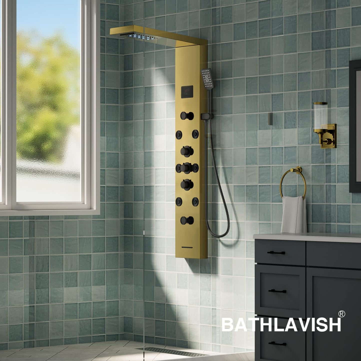 BATHLAVISH Shower Panel Tower System Stainless Steel LED Rainfall Waterfall Shower Head 5-Function Faucet Rain Massage System Wall Mount with 8 Body Jets, Handheld, and Tub Spout, Gold