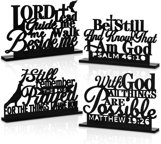 Geetery 4 Pcs Inspirational Centerpiece Table Decorations Blessed Wooden Signs Religious Table Decor with God Possible Bib...