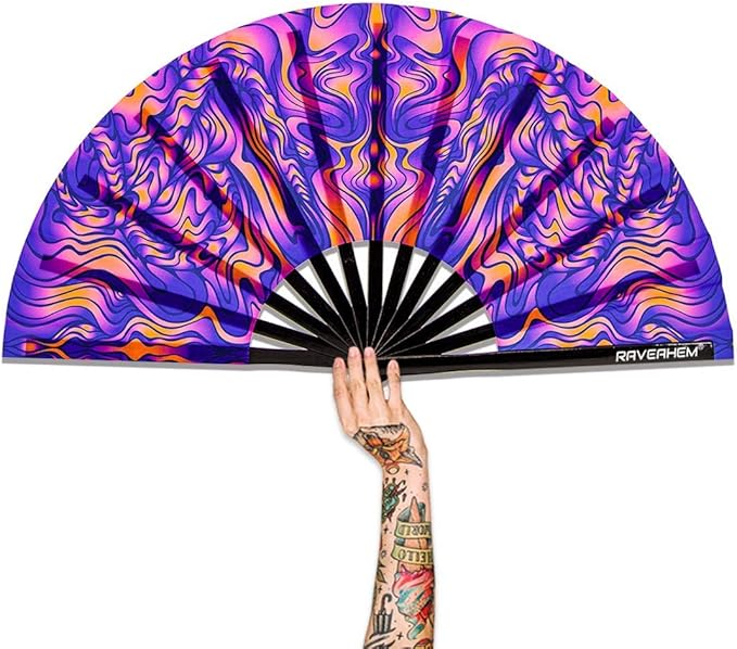 Raveahem UV Glow Rave Fan, Bamboo Folding Clack Hand Fans Foldable for Men Women, Boots on the Ground Poping Fan for EDM F...