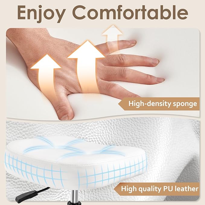 Rolling Stool Wider Rectangular Cushion-Provides a Comfortable, Stable Support Surface with Loop Footrest for Leg Support,Adjustable Stool with Wheels for Salon Tattoo Massage Office Home (White)