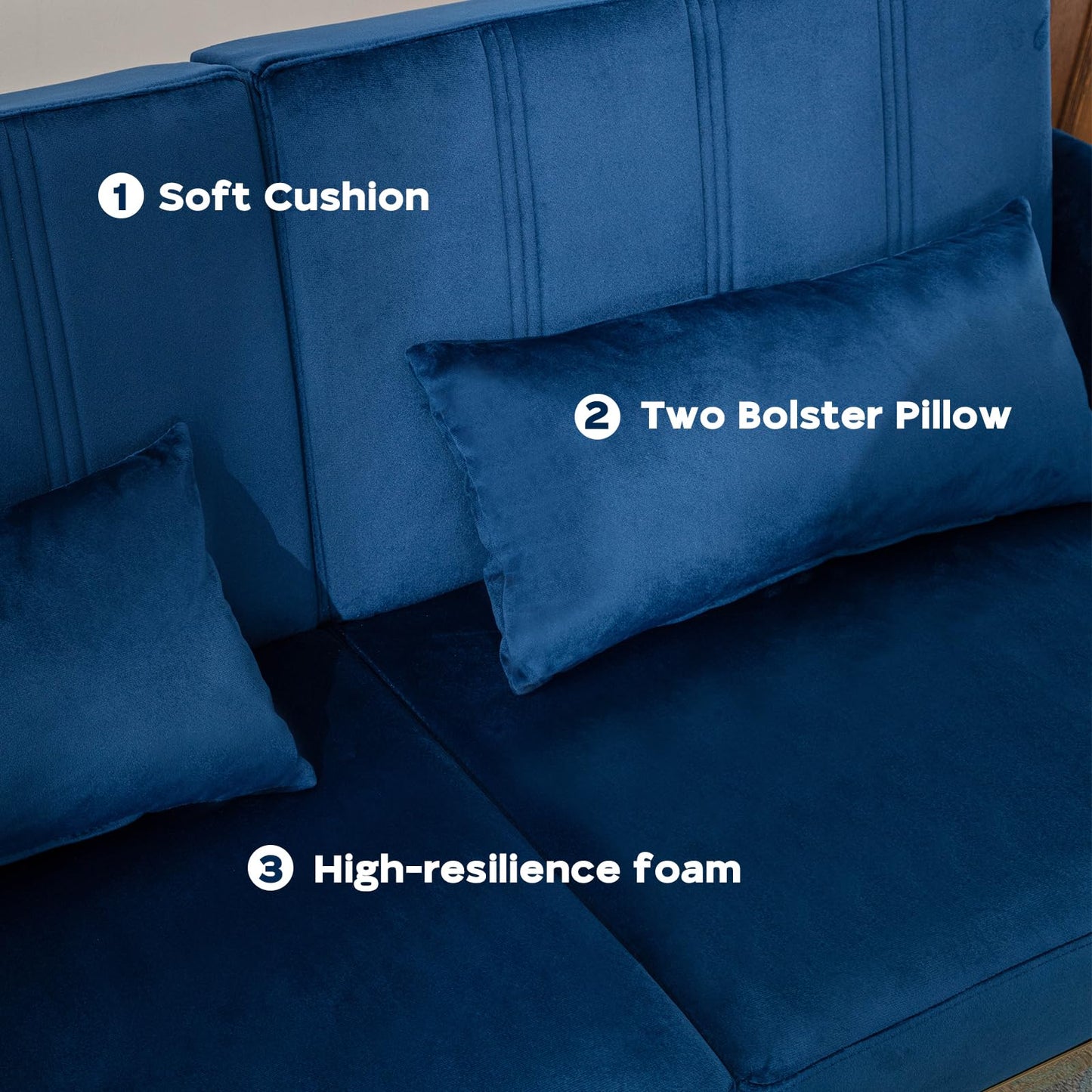 dannratch Futon Sofa Bed Velvet Convertible Sleeper Sofa Tufted Couch Bed with Adjustable Armrests and Backrest, Modern Loveseat Sleeper Bed with 2 Bolster Pillows for Living Room, Bedroom, Blue