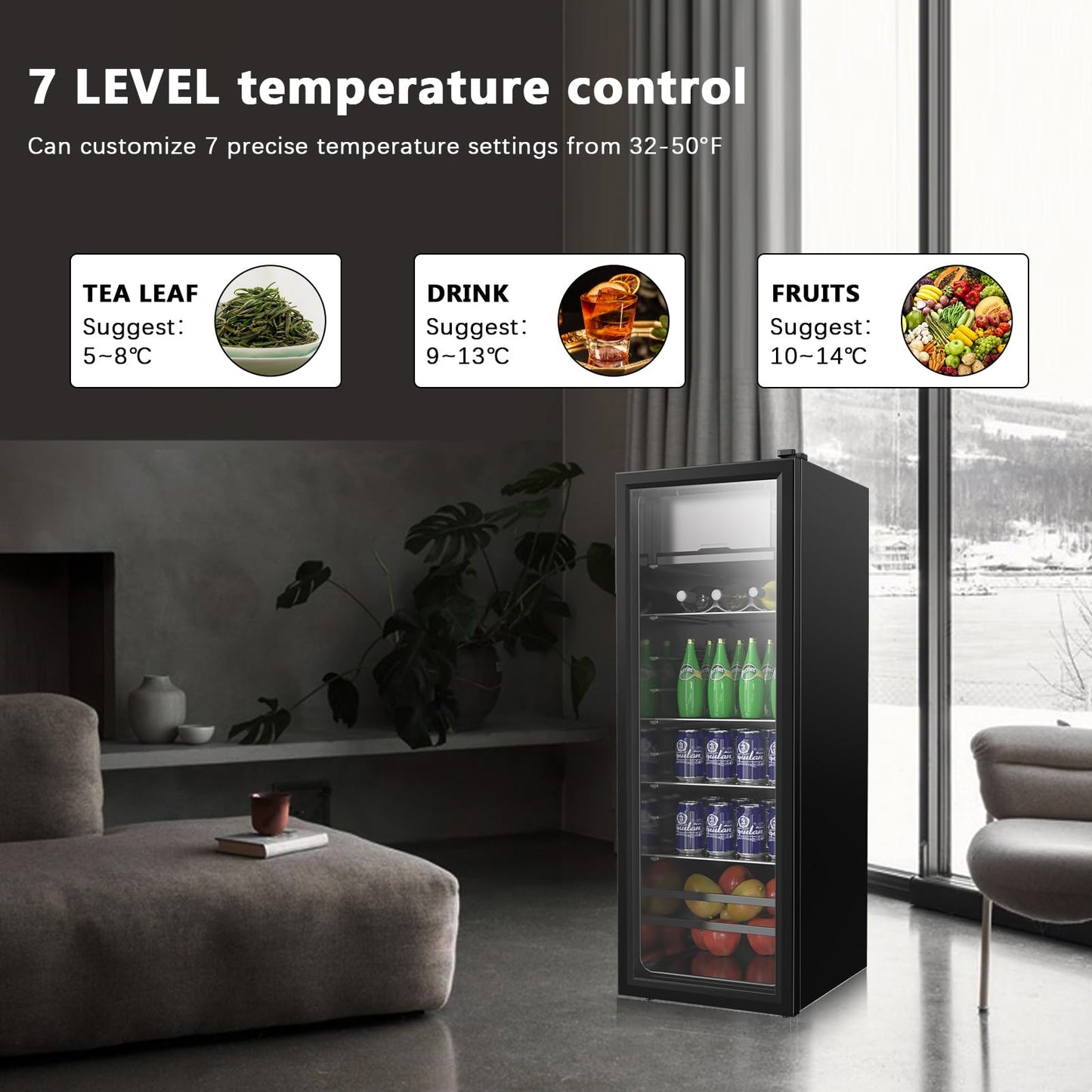 Zyerch Beverage Refrigerator, 180 Can Freestanding Mini Fridge with Glass Door for Soda Beer Wine, Small Drink Dispenser with Adjustable Temperature Control for Home, Office, Black