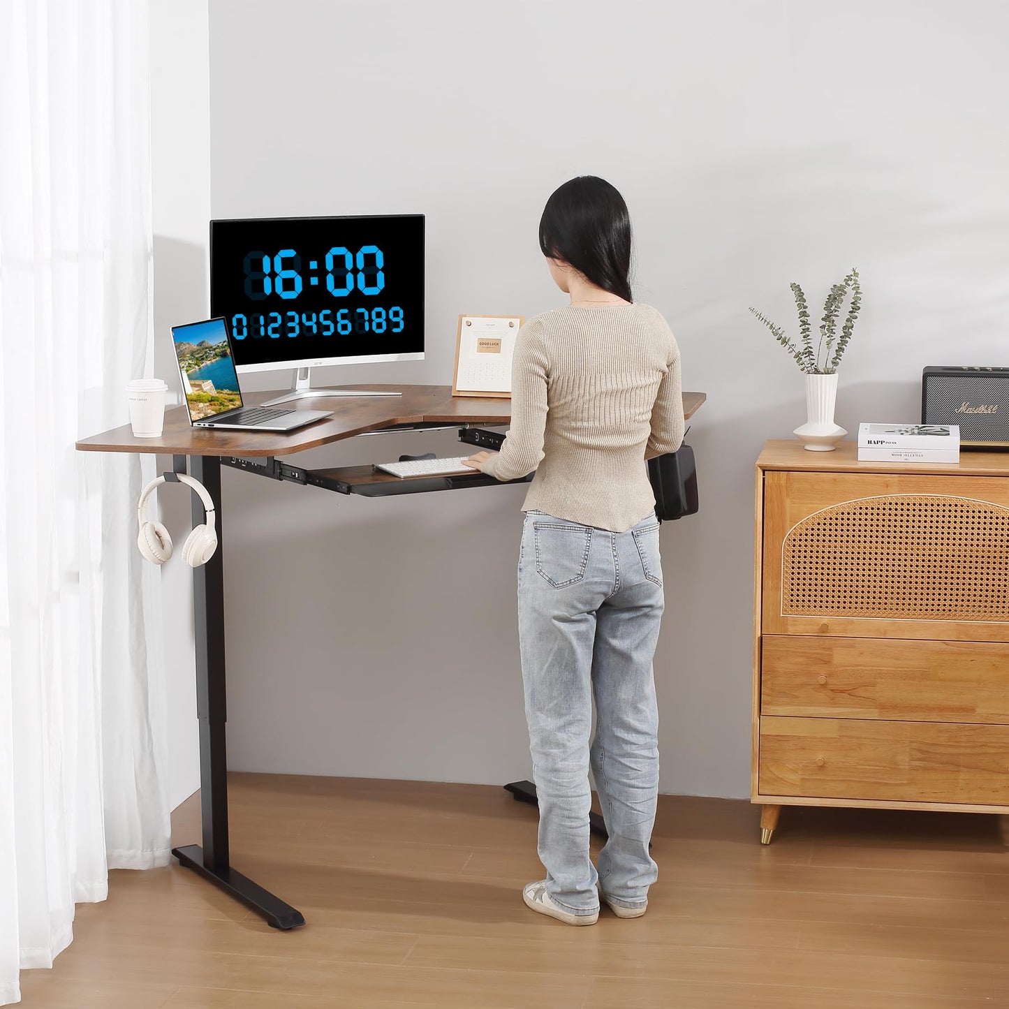ETHU Electric L-Shape Standing Desk with Keyboard Tray, Height Adjustable 29-42 inches, Modern Style, Brown, For Home Office, Gaming, Work