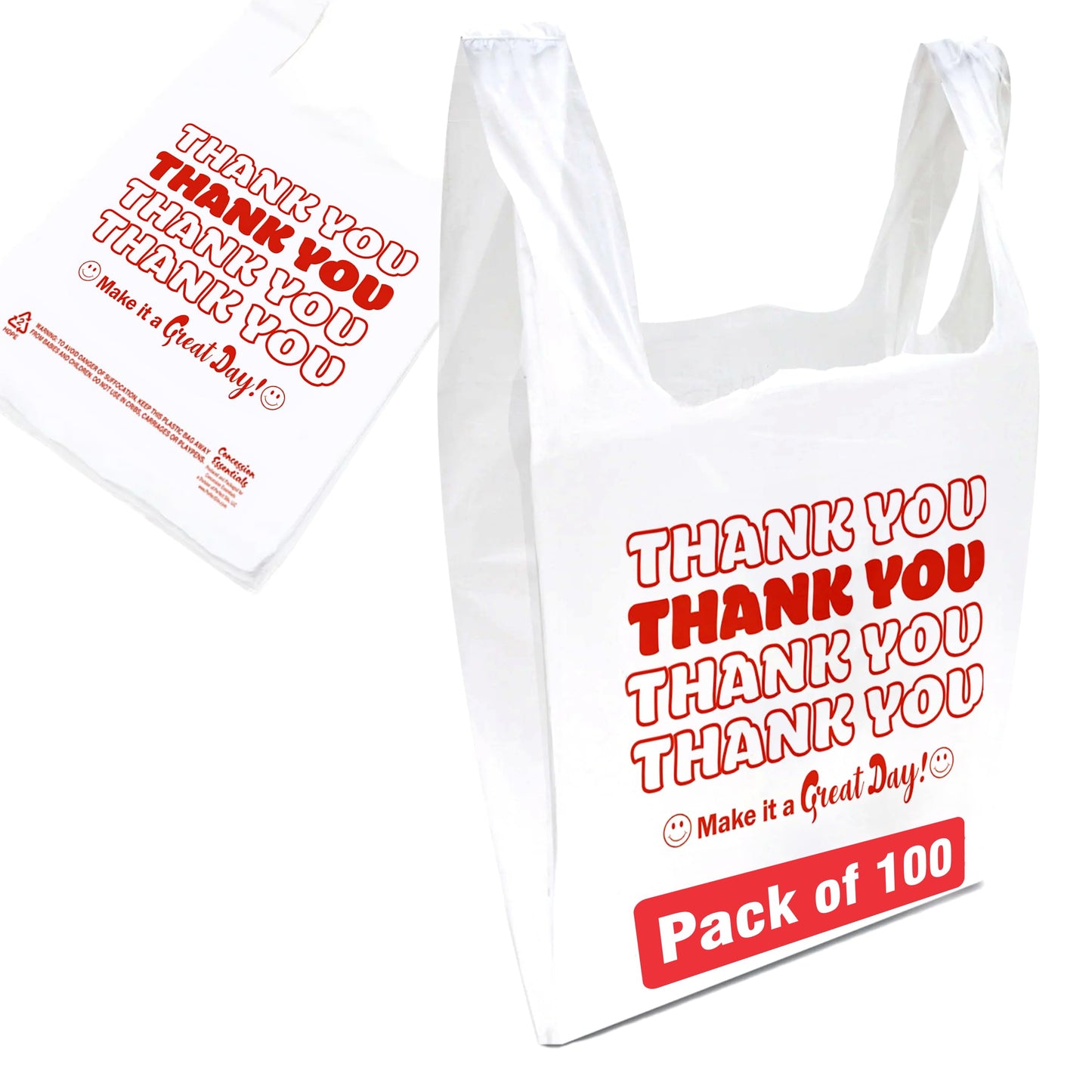 Concession Essentials Disposable & Reusable Thank You T-Shirt Bags- Pack of 100