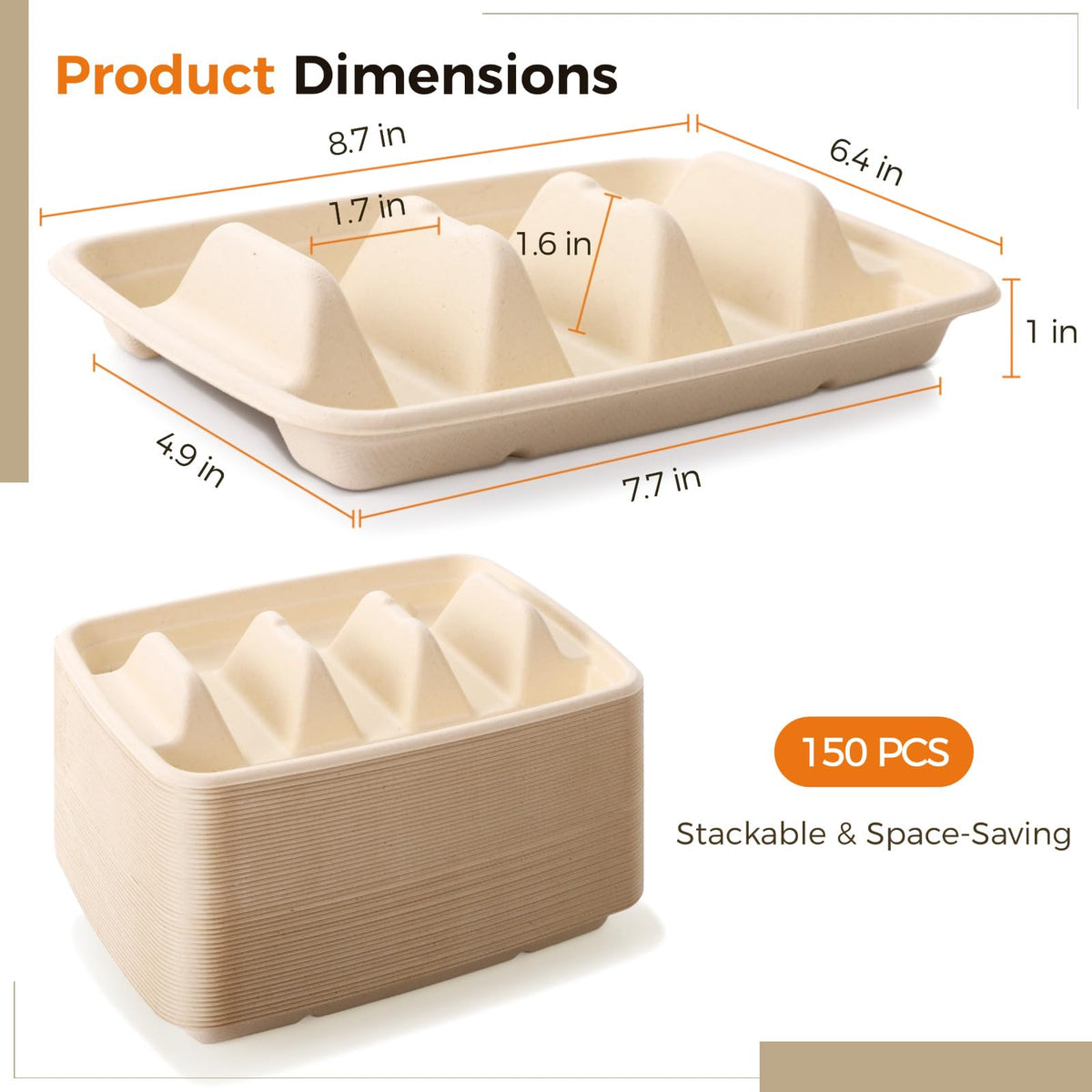 JUSTDOLIFE 150 PCS Disposable Taco Holders for Party, Bagasse Pulp 3-Slot Taco Plates, Taco Plates With 3 Dividers, Recyclable Plant Fiber Food Serving Tray for Taco Sandwich Pancake Hot Dog