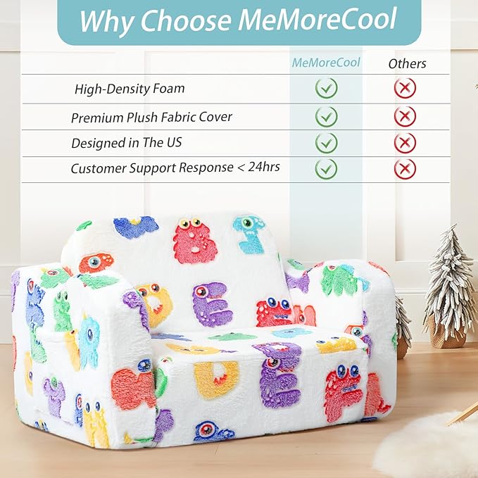 MeMoreCool Glow Alphabet Toddler Sofa Bed – 2-in-1 Foldable Foam Chair for Kids Light-Up Letters, Soft Supportive Foam, Machine-Washable Cover, Great for Boys and Girls