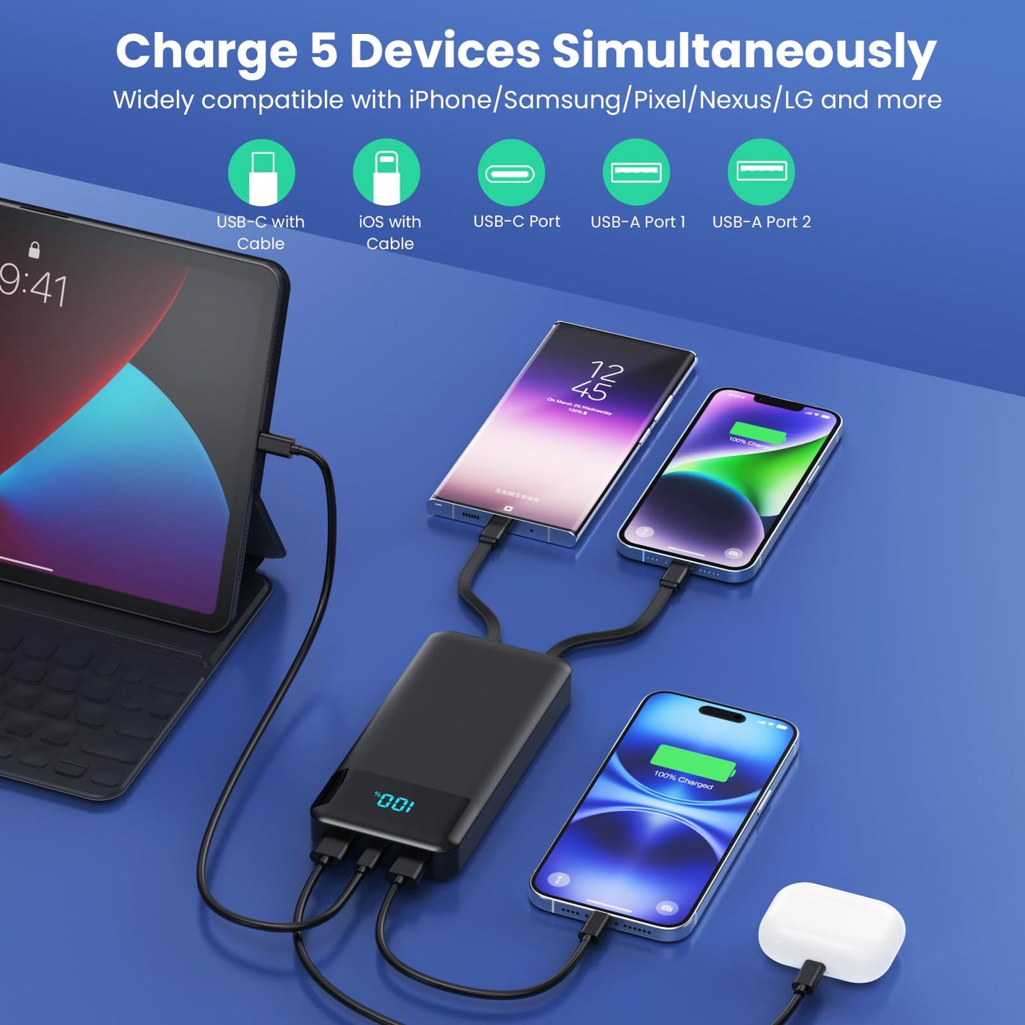 Portable Charger 40800mAh Power Bank with 3 Built-in Cable,25W PD USB C in&Out Power Bank Fast Phone Charging,QC4.0 LED Display Portable Battery Pack Compatible with iPhone 16/15, Galaxy Android-Black