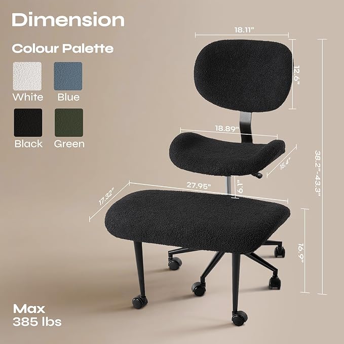 Cross Legged Office Chair with Wheels for ADHD, Ergonomic 360° Swivel Height-Adjustable Meditation Chair for Yoga, Wide Kneeling Chair with Strong Lumbar Support, Teddy Fabric, Black