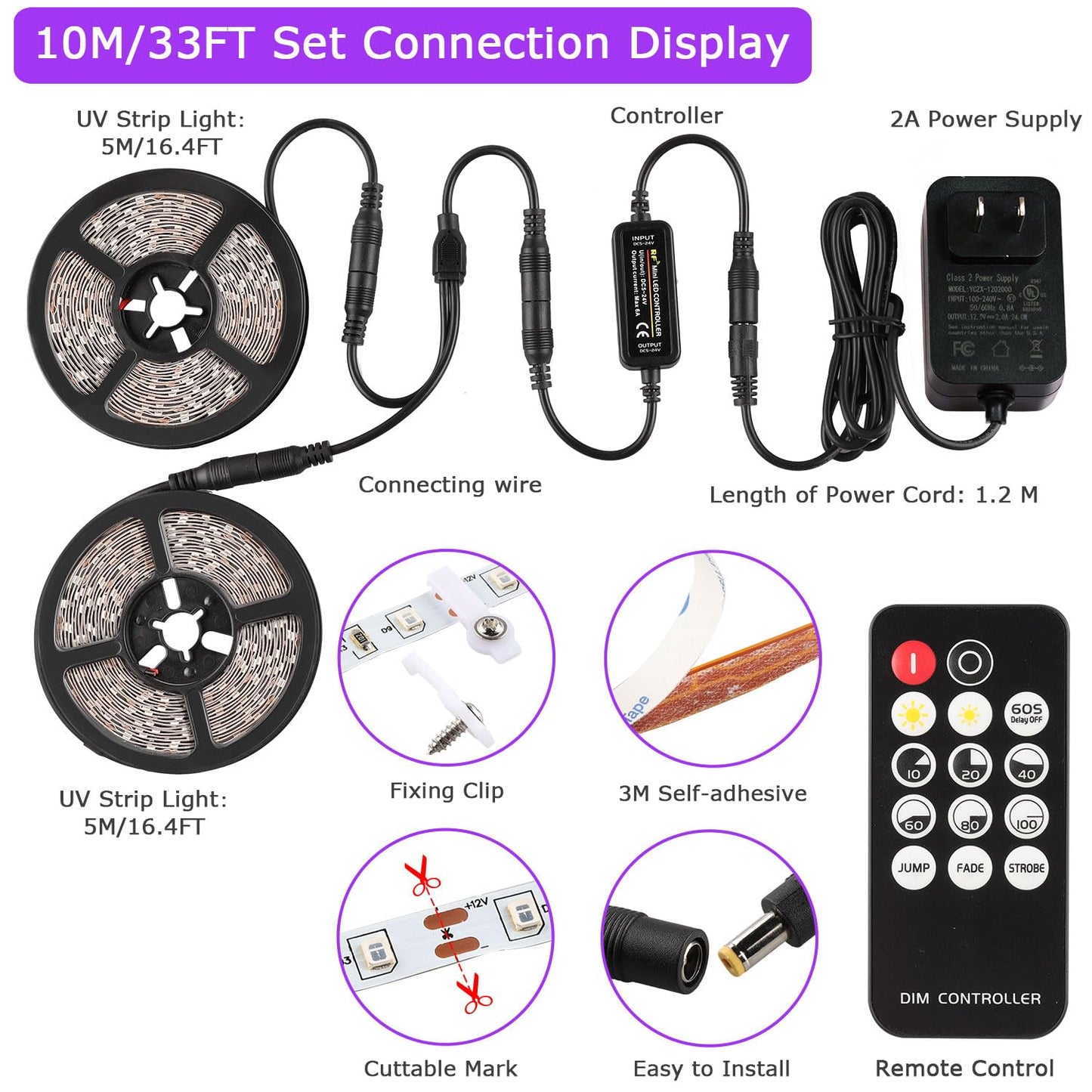 PIZHLO Upgraded 33ft/10M LED Black Light Strip Set with Remote, 600 LEDs, 12V Self-Adhesive Dimmable Black Light Fixture, for Dance Parties, SMD2835 LED Lamp Beads, Non-Waterproof