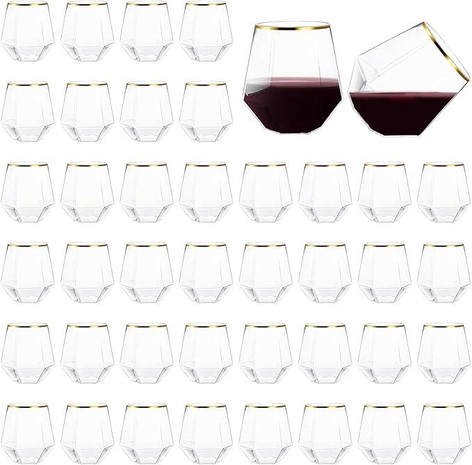 Hyuetrsa 40 Pcs Plastic Wine Cups,12 Oz Gold Rim Plastic Diamond Wine Glass Disposable Stemless Wine Glasses Unbreakable D...