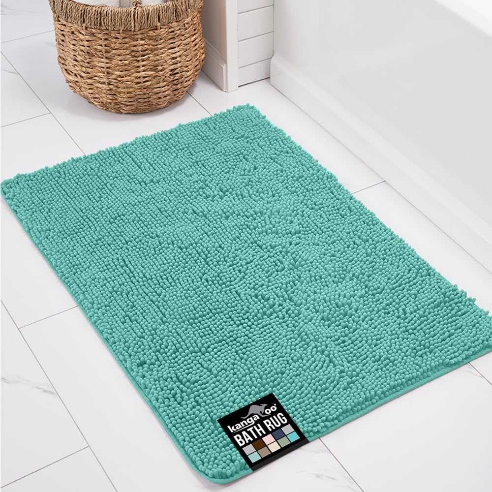 KANGAROO Bathroom Rugs, Chenille Soft Absorbent Bath Rug, Shaggy Shower Mat, Quick Dry Machine Wash Bathmat, Plush Carpet Mats for Tub, Bathtub and Room Home Decor Accessories, 24x17, Turquoise