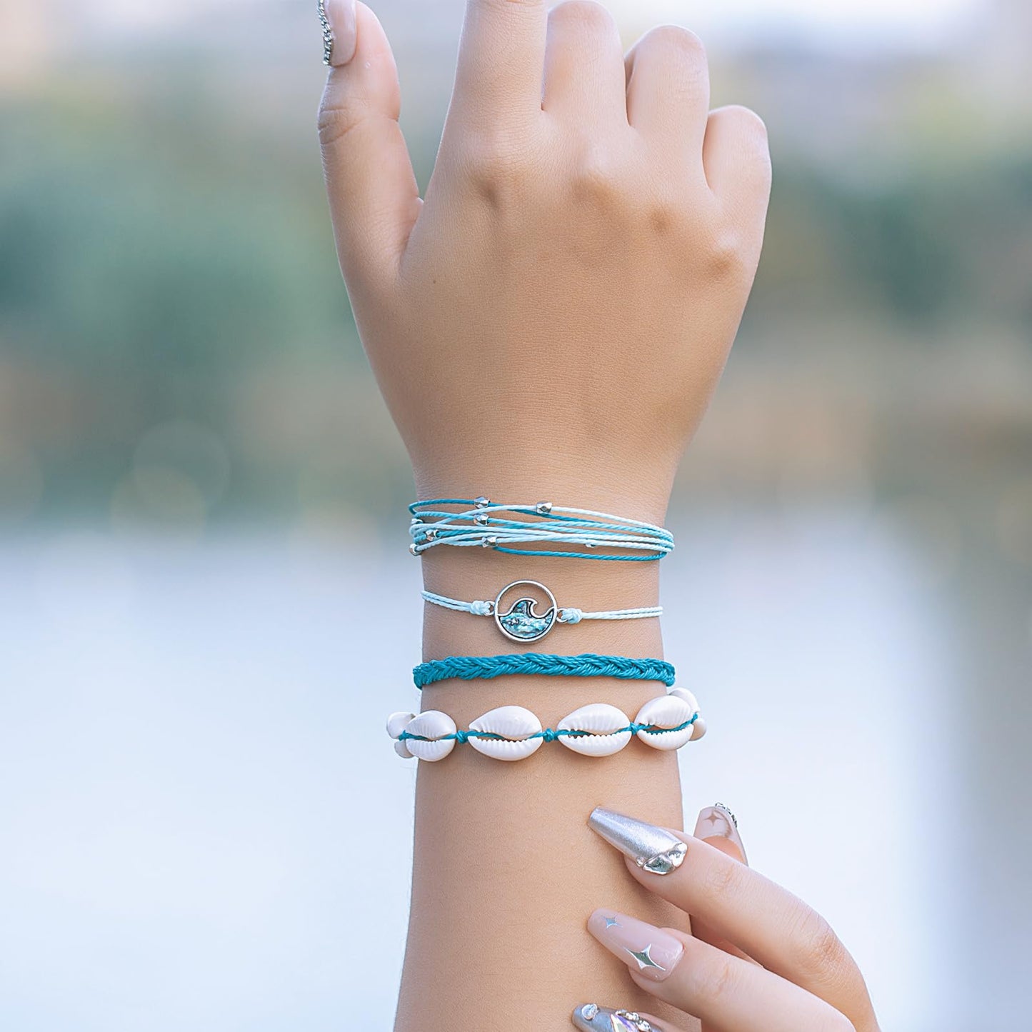 FANCY SHINY Wave String Bracelets Braid Puka Shell Bead Bracelets Handmade Cute Trendy Abalone Boho Jewelry Gifts for Women(Lake
