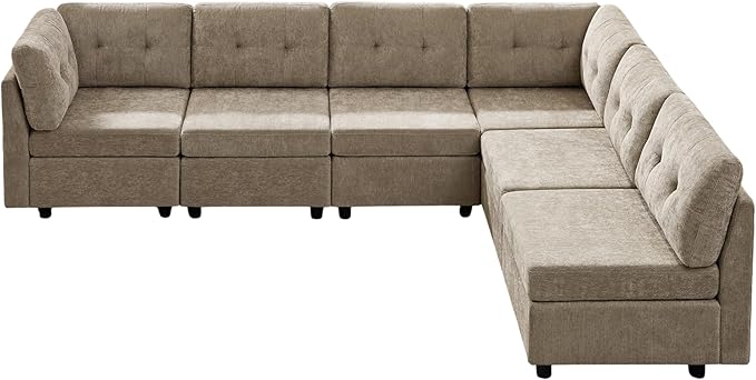 VANOMi 6 Seater Modular Cloud Sofa, 118" Convertible Sectional Cloud Sofas & Couches for Living Room, Comfy Chenille Sectional Couch Sofa for Living Room, Apartment, Office, Camel, L/U Shaped