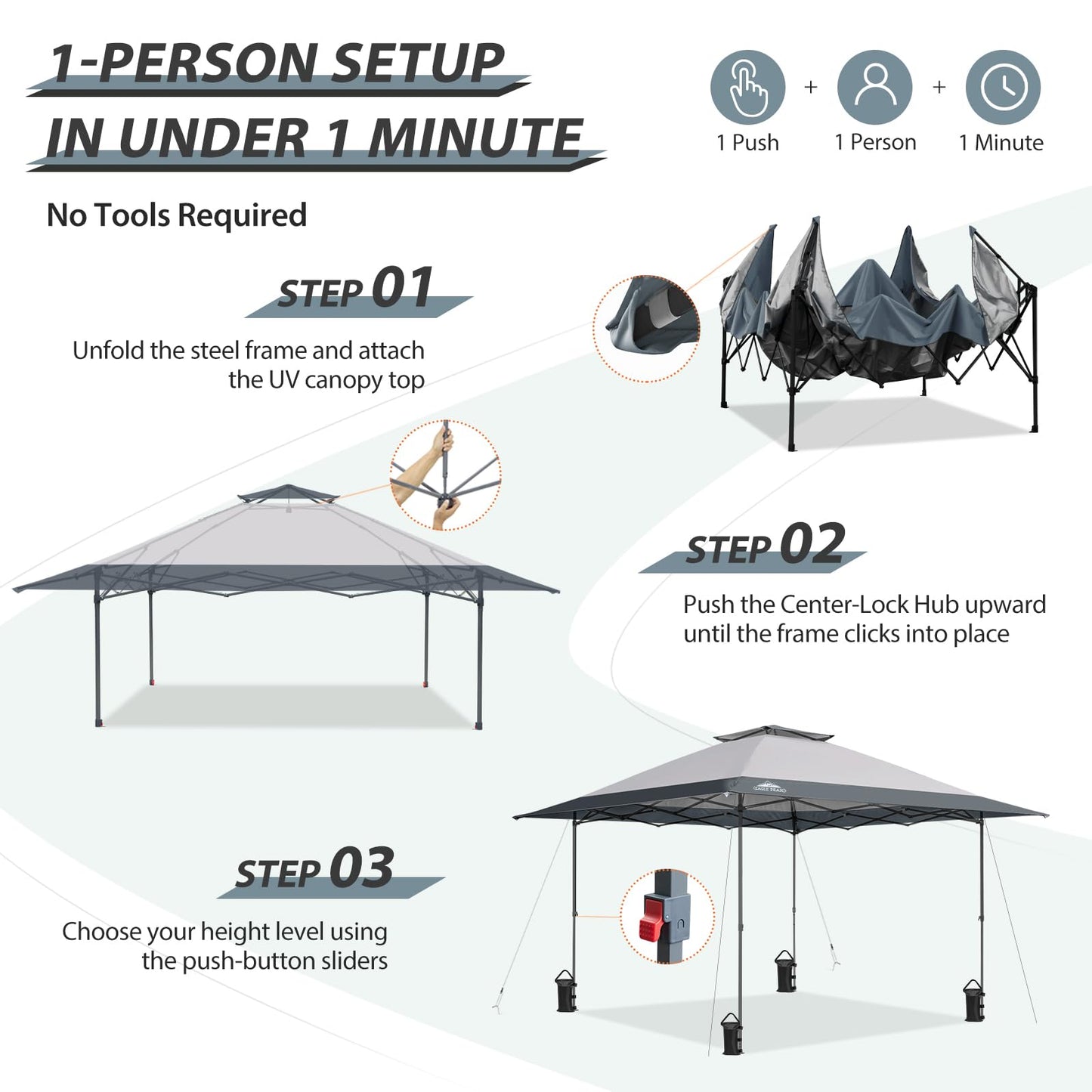 EAGLE PEAK 13x13 Straight Leg Pop Up Canopy Tent Instant Outdoor Canopy Easy Single Person Set up Folding Shelter w/Auto Extending Eaves 169 Square Feet of Shade (Light Gray)