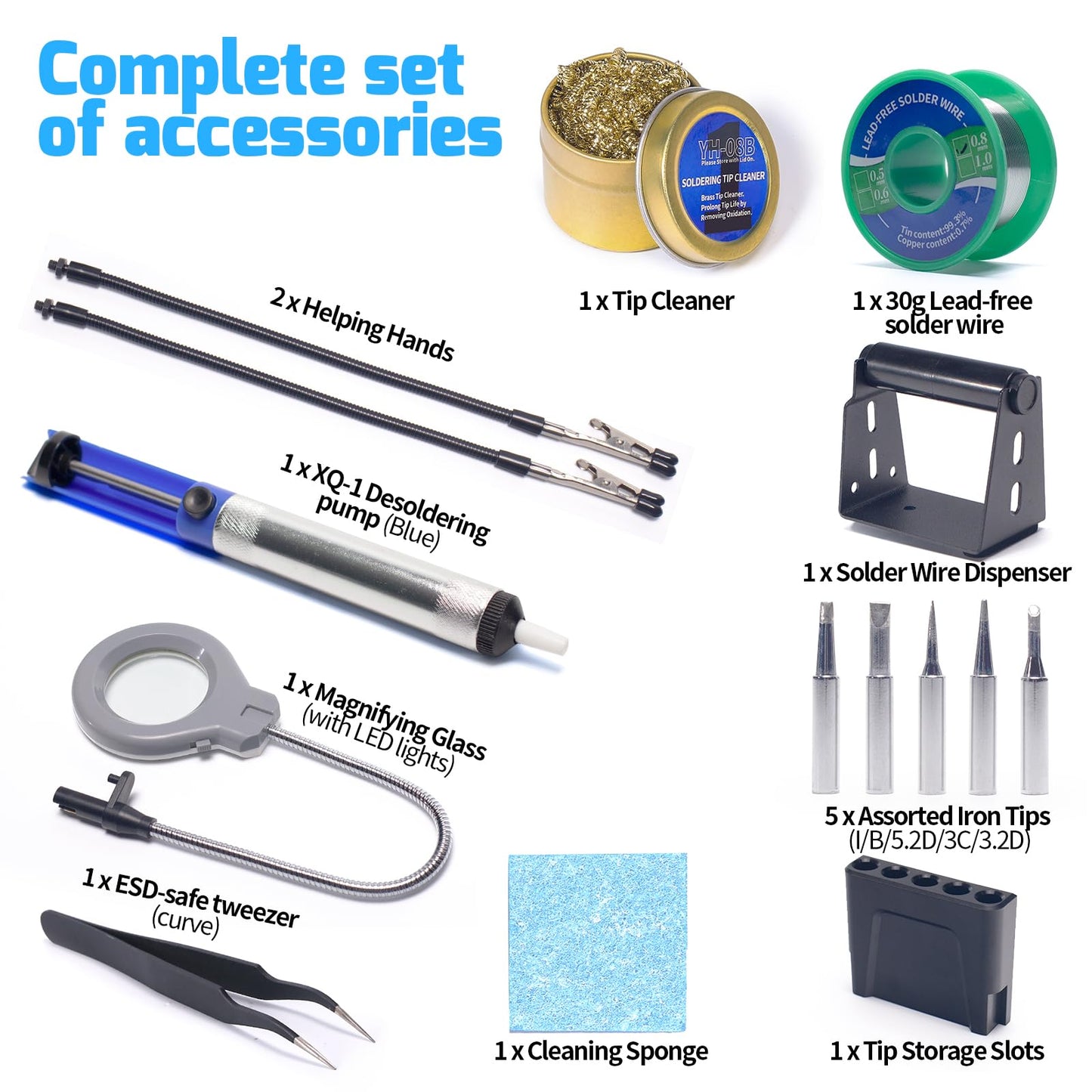 WEP 927-IV Soldering Station Kit High-Power 110W with 3 Preset Channels, Sleep Mode, LED Magnifier, 5 Extra Iron Tips, Tip Cleaner, 2 Helping Hands, Tip Storage Slots, Lead-free Solder Wire, Tweezers
