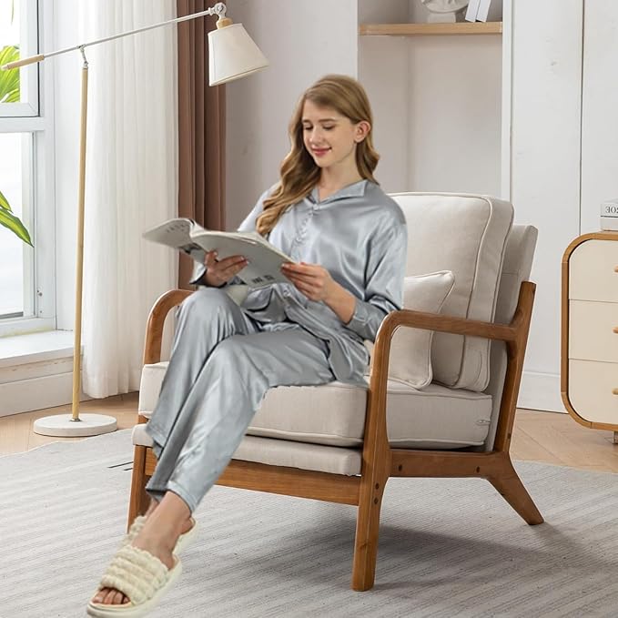 SEYNAR Mid-Century Accent Chair Set of 2, Linen Fabric Lounge Chair with Wide Armrest,13-16.5'' Low Seat Height Armchair with Lumbar Pillow & Solid Wood Frame for Living Room, Bedroom, Balcony(Beige)