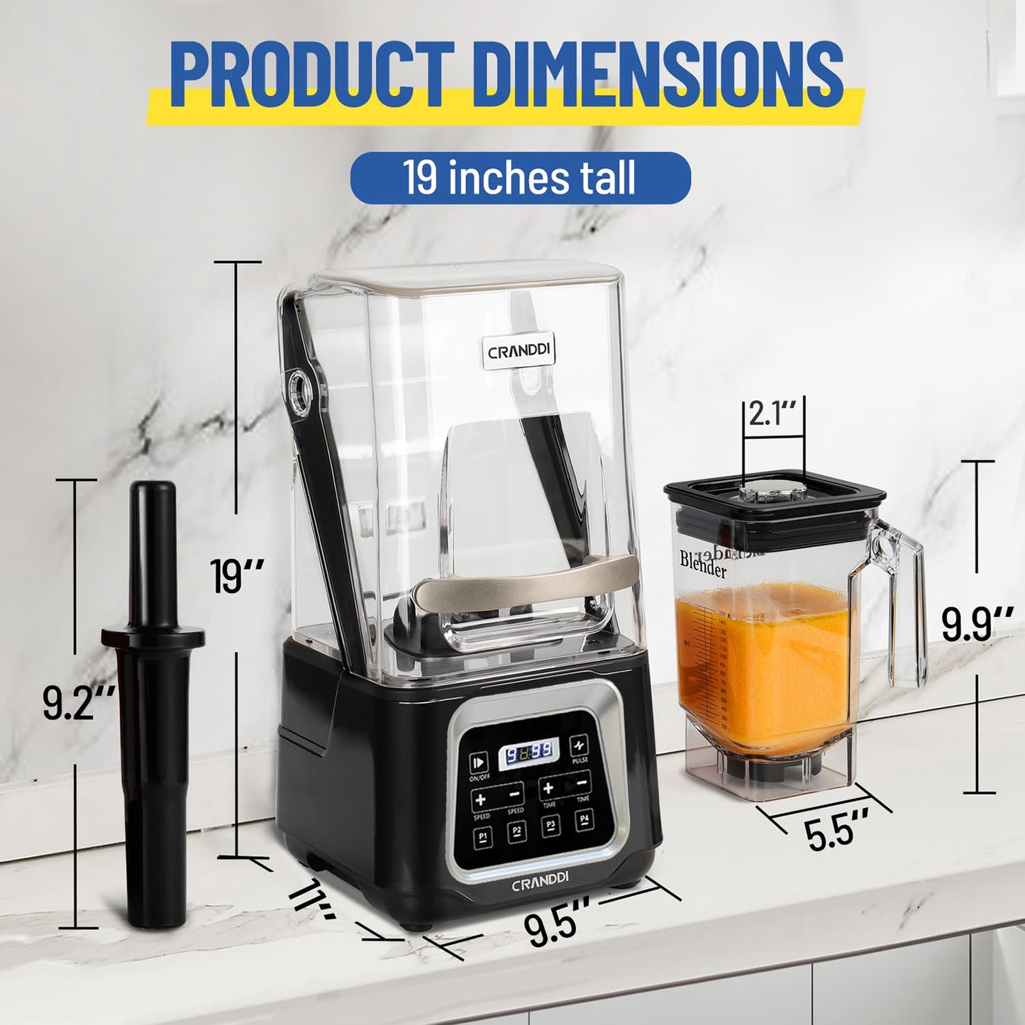 Commercial Blender 2200W, CRANDDI Professional Quiet Smoothie Blender with Smart Touch Screen & Removable Cover, 52oz for Frozen Drinks, Juice & More, 4 Preset Programs, K80TS, Black