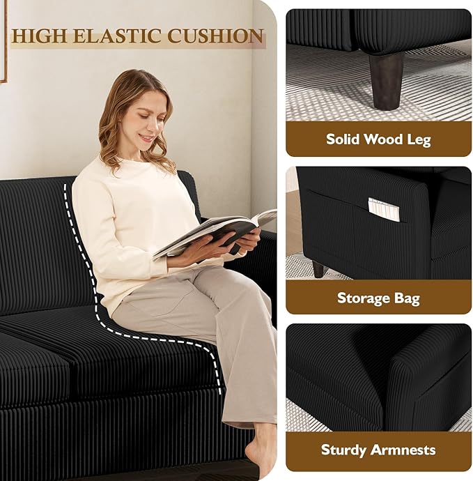 Valthie 79.1" Corduroy Loveseat Sofa, Modern Comfy Couches with Side Pocket, 3-Seater Sofa Couch for Living Room, Bedroom and Small Spaces,Black