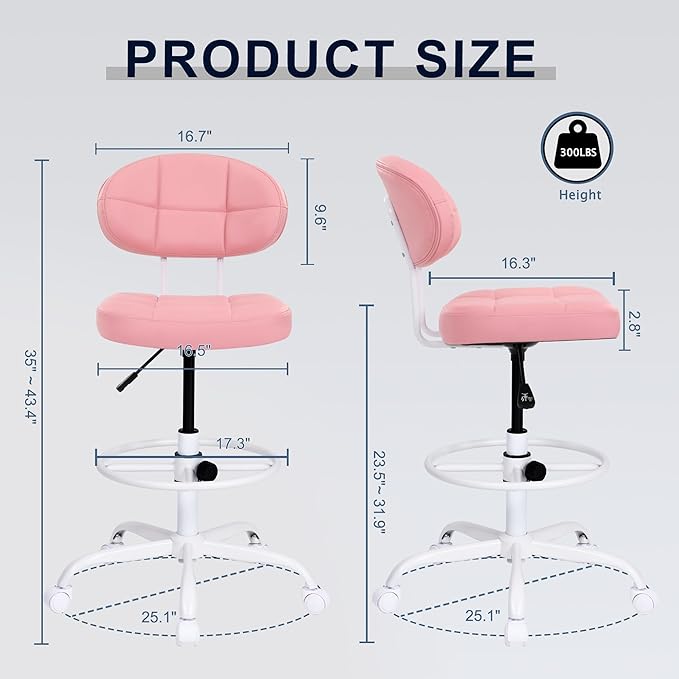 Misolant Drafting Chair, Armless Tall Office Chair with Footrest Ring for Standing Desk, Small Faux Leather Executive Computer Chair with Adjustable Height for Bar Lab Counter Height Desk, Pink