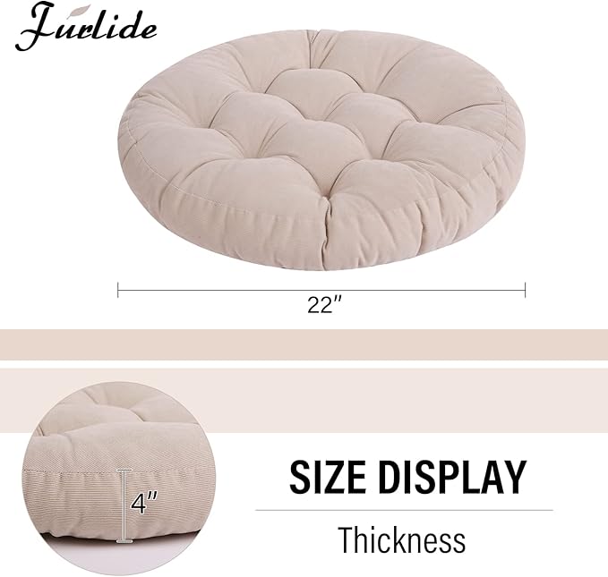 Tiita Round Office Chair Cushions 22x22 Inch Outdoor Seat Pads Set of 2 Throw Floor Pillows for Adults Sitting Patio Garden, Beige