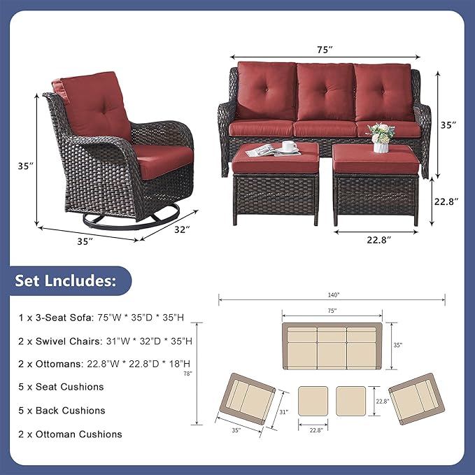 Rilyson Wicker Patio Furniture Set - 5 Piece Rattan Outdoor Sectional Conversation Sets with 2 Rocking Swivel Chairs,2 Ottomans and 1 Sofa for Porch Deck Garden(Brown/Red)