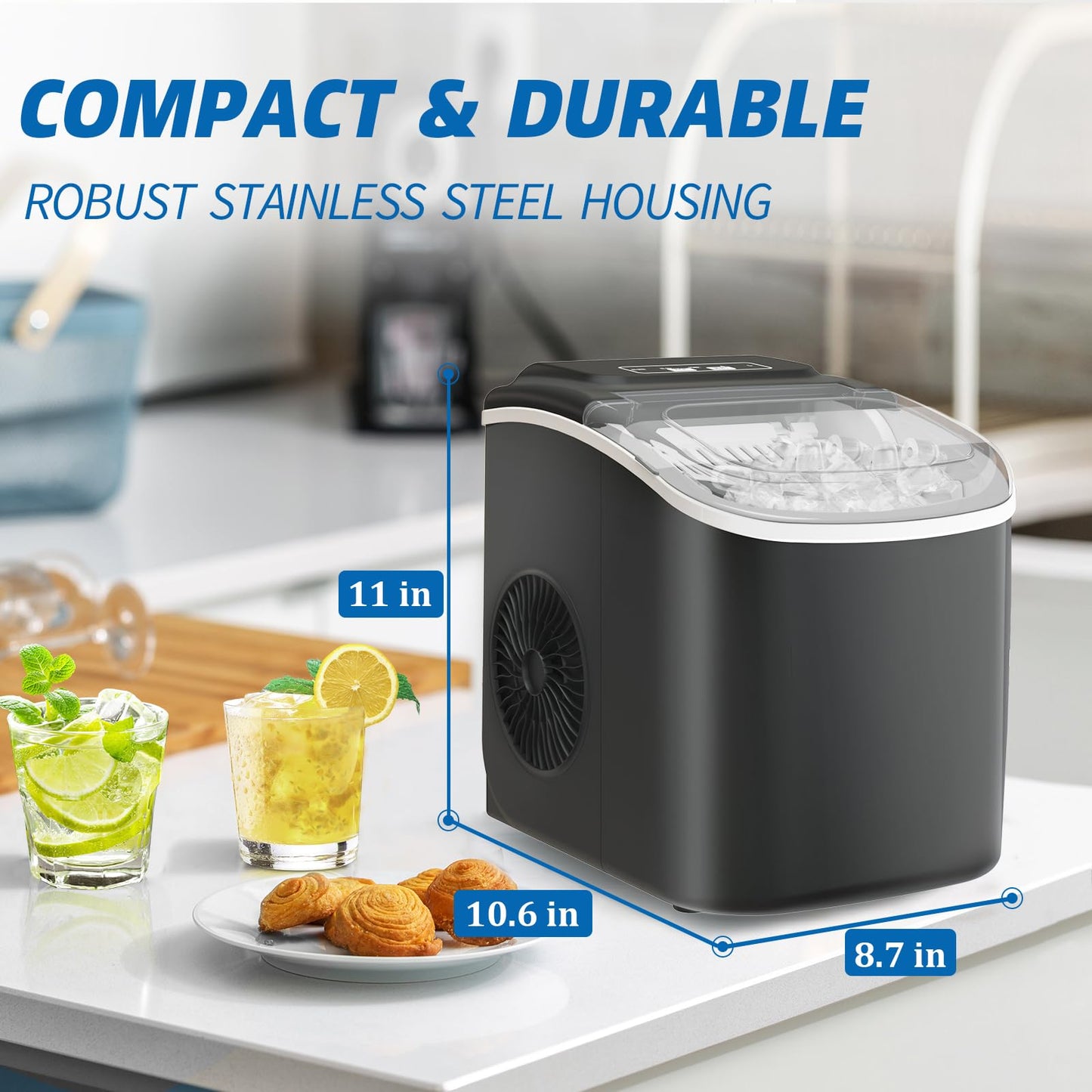 Erivess Ice Makers Countertop, Portable Ice Machine Maker Self-Cleaning, 26Lbs/24H, 9 Bullet Cubes Ready in 6 Mins, Scoop and Basket, for Home/Office/Kitchen