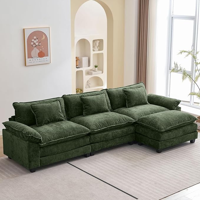 Oprisen 120" Modular Sectional Sofa, Comfy Cloud Couch Sectional Sofa with Ottoman, Chenille Sofa Sleeper Deep Seat Sofa with Throw Pillows for Living Room (Green, 120"- L Shape)