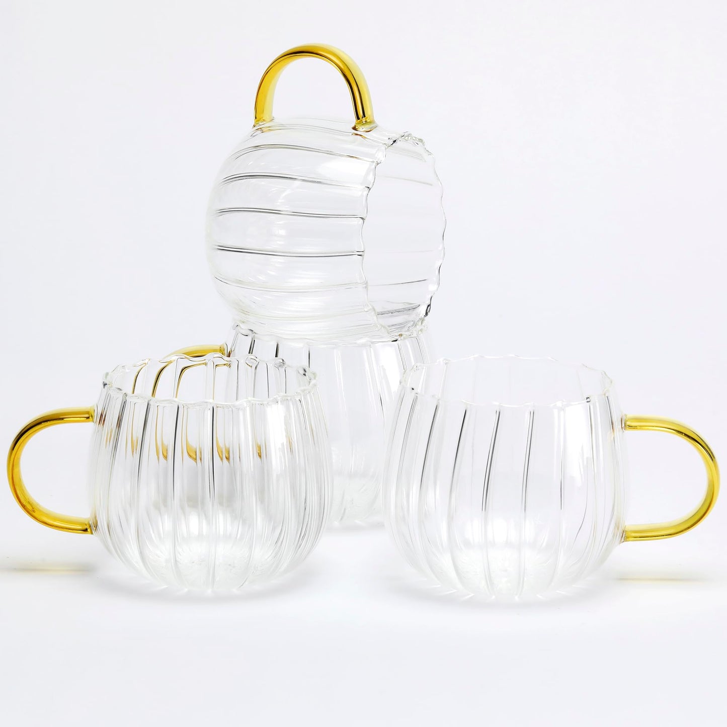 LUATSDAR Halloween Pumpkin Mugs 14 oz Glass Coffee Mugs Set of 4, Drinking Glasses with Yellow Handle, Clear Glass Cups for Hot or Cold Drinks like Cappuccino, Latte, Cocoa, Milk, Tea