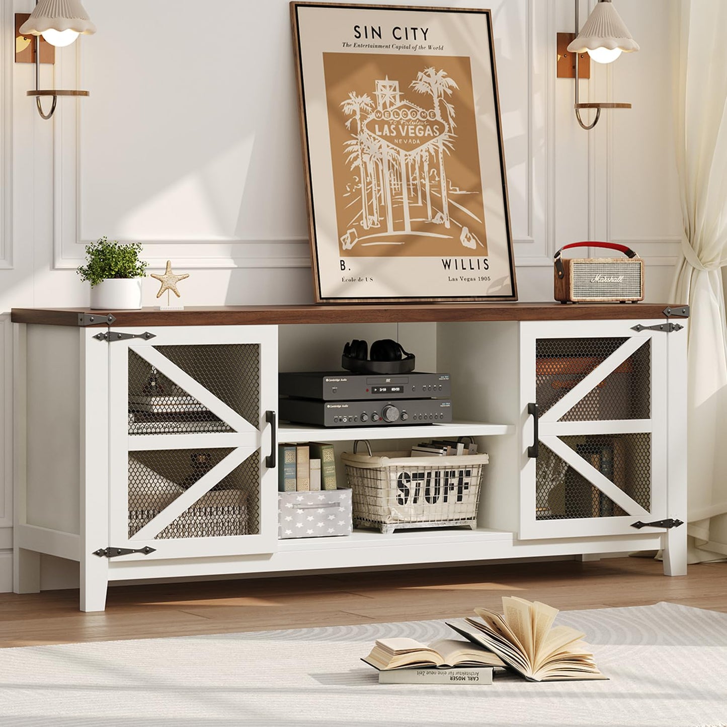 Jocoevol Tv Stand for 55 65 Inch Tv, Farmhouse Entertainment Center Tv Console with Storage & Adjustable Shelves & Mesh Door for Living Room, Bedroom, White