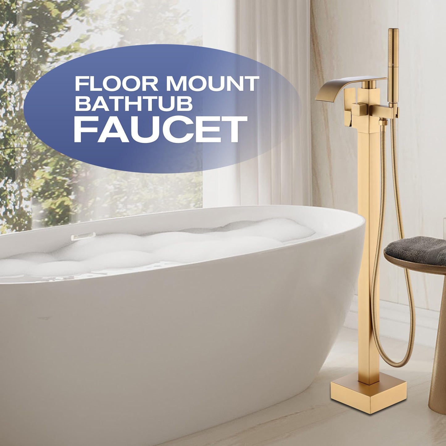 ALGRTS Waterfall Freestanding Bathtub Faucet, Floor Mount Bathroom Tub Filler Shower Faucets with Handheld Sprayer, Brushed Gold