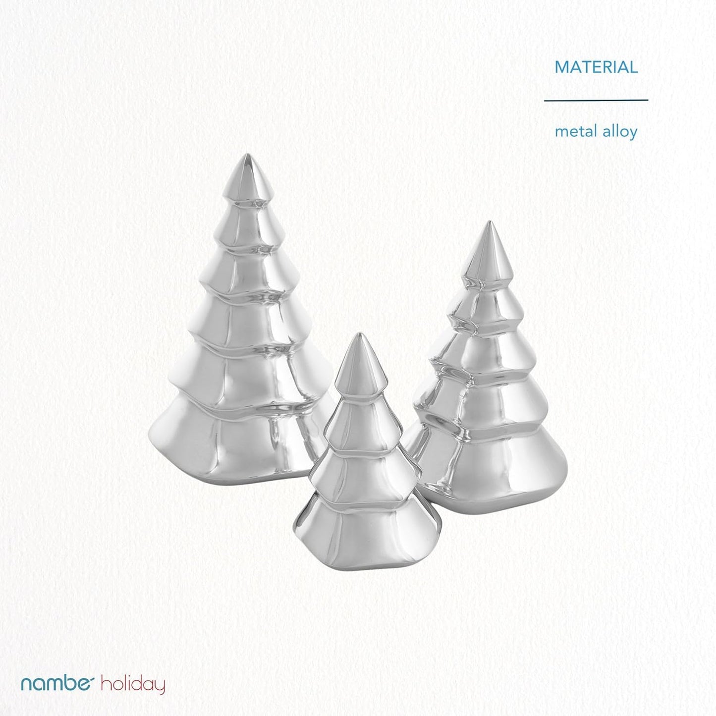 Nambé Holiday Mini Christmas Tree Set – Sculpted Alloy Design with Snowy Accents, Festive Seasonal Decoration for Mantel, Tabletop, or Shelf Display – Three Sizes, Elegant Holiday Collectibles