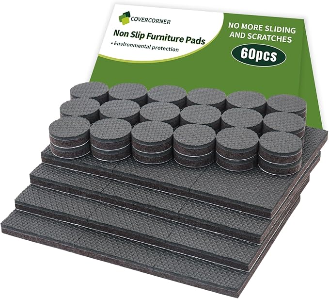 COVERCORNER Non Slip Furniture Pads 60 PCS - 36 pcs 1” Round + 24 pcs 2" Square - Anti Slip Furniture Pads - Self Adhesive Rubber Feet Furniture Feet - Chair Leg Floor Protectors