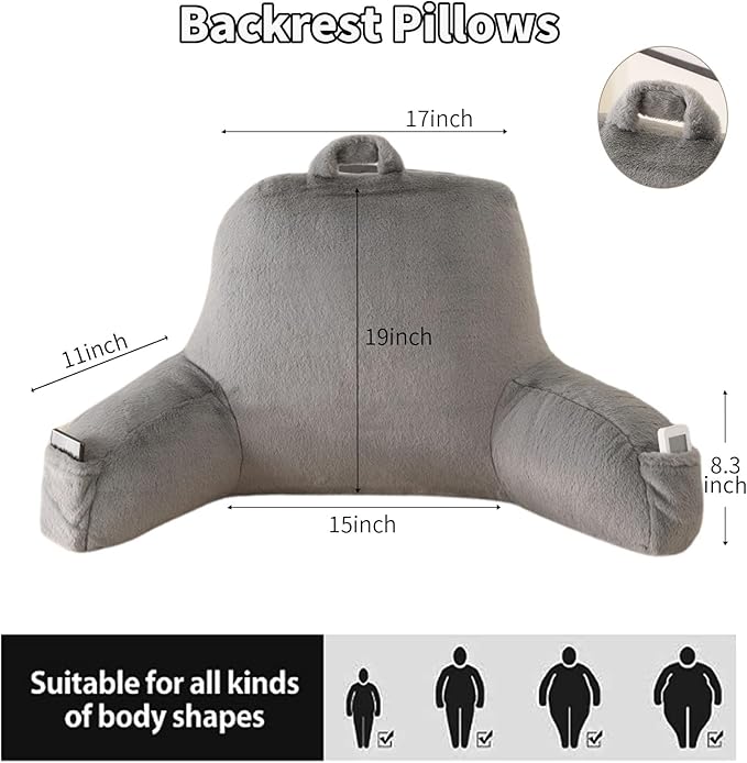 PAJEO Reading Pillow for Sitting in Bed, Large Backrest Reading Pillow with Arm Rest,Back-Rest Support Cushion for Sit Up on Couch, Sofa, and Floor, Dorm Essentials (Gray Faux Fur, Large(19"))