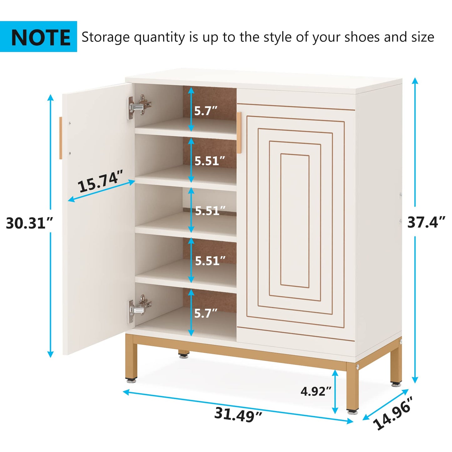 Tribesigns Shoe Cabinet with Doors, 20 Pairs Entryway Shoe Storage Cabinet with Shelves, 5-Tier Modern Free Standing Shoe Racks Storage Organizer for Closet, Living Room, Bedroom (White/Gold)