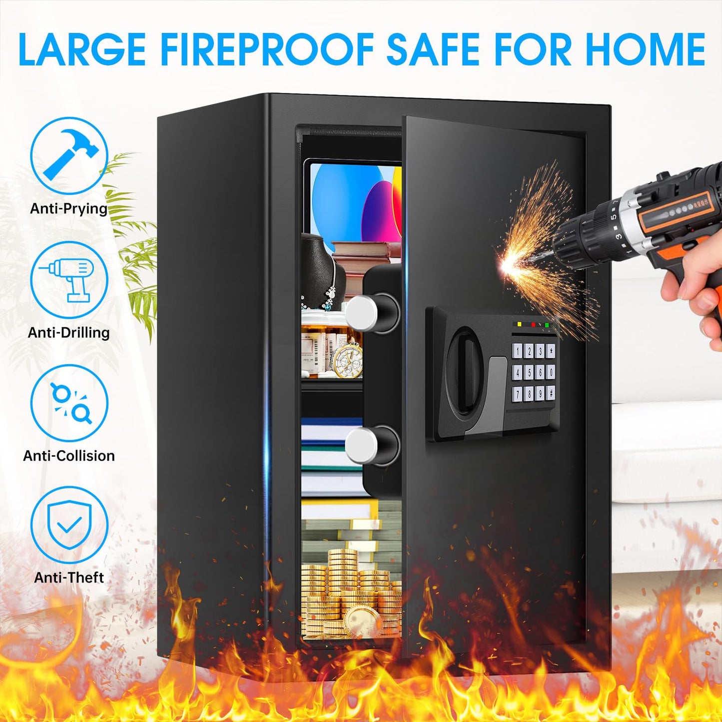 3.3 Cuft Large Fireproof Safe for Home, Home Safety Box Fireproof Waterproof with Electronic Keypad and Spare Keys, Anti-theft Digital Security Safe for Money Firearm Medicine Valuables