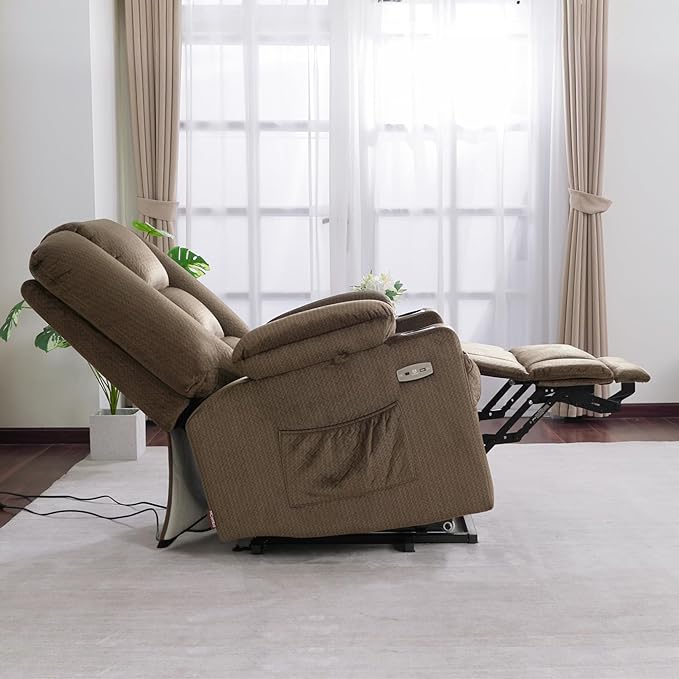 MCombo Large Power Lift Recliner Chair Sofa with Massage and Heat for Big and Tall Elderly People, 3 Positions, Cup Holders, and USB Ports, Fabric 7549 (Large, Brown)